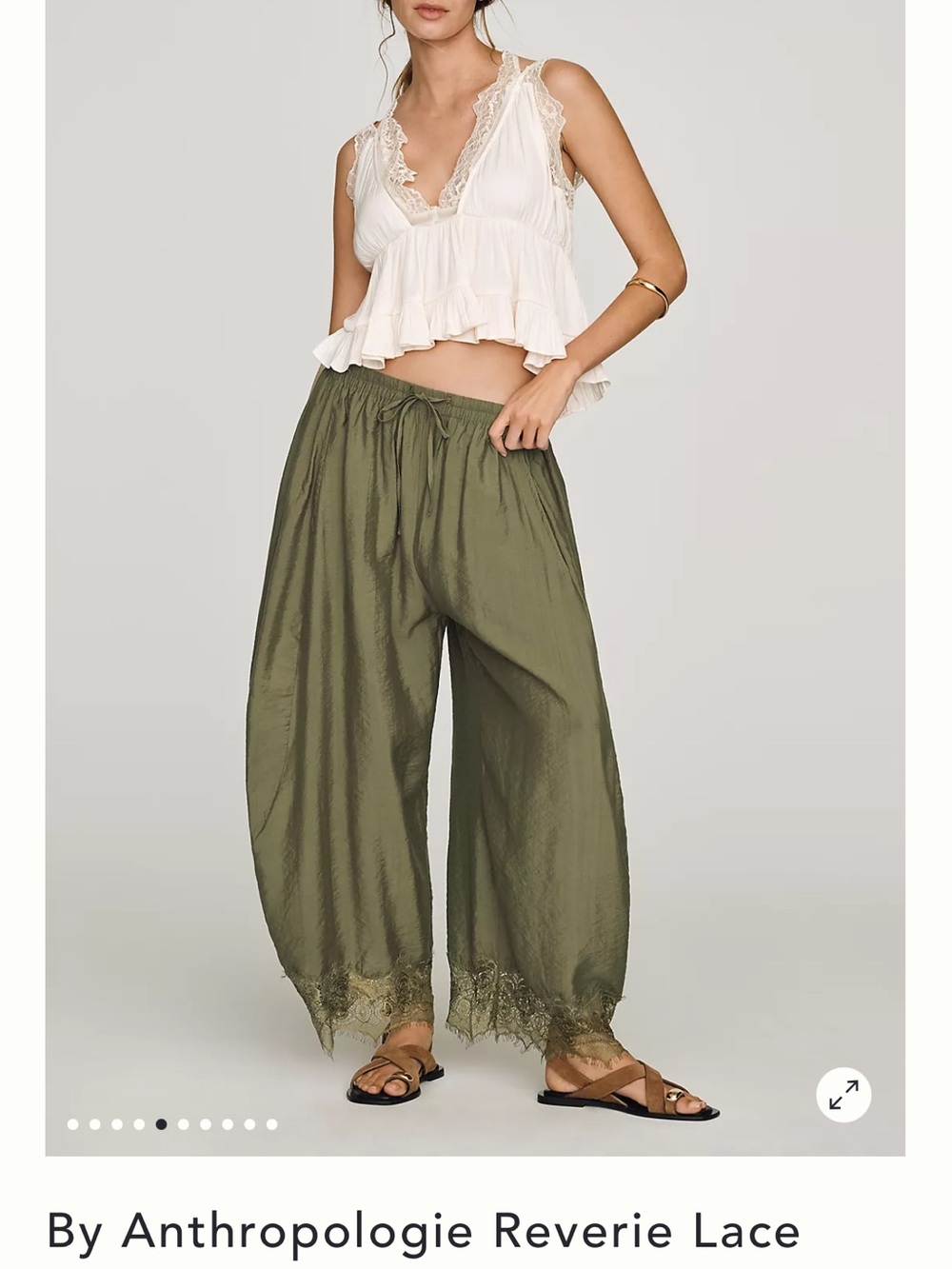 Anthropologie Olive Lace-Trim Wide-Leg Drawstring Pants
